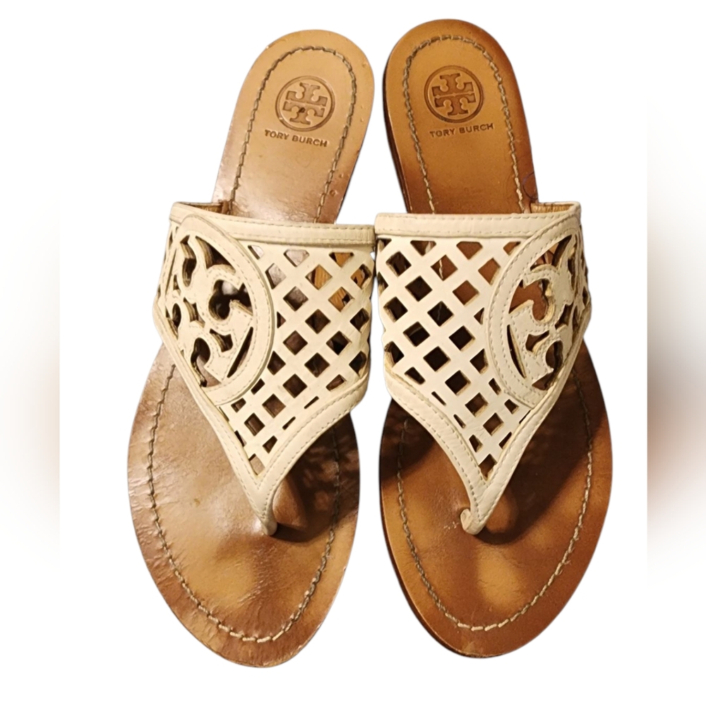 Tory Burch Beige Lattice Leather Thong Sandals